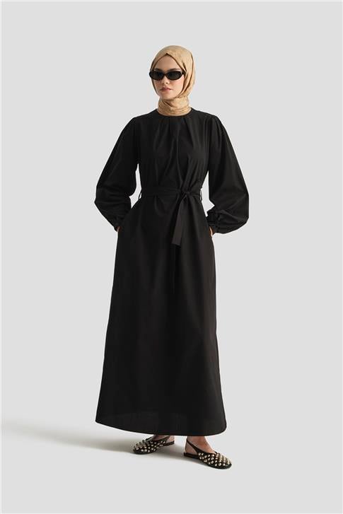 Armine Pile Detaylı Pamuk Elbise 25Y9024 Siyah