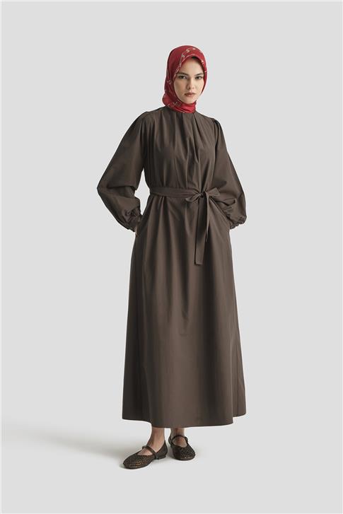Armine Pile Detaylı Pamuk Elbise 25Y9024 Acı Kahve
