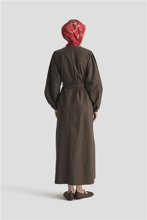 Armine Pile Detaylı Pamuk Elbise 25Y9024 Acı Kahve