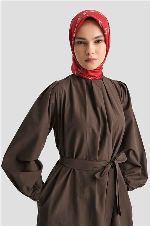 Armine Pile Detaylı Pamuk Elbise 25Y9024 Acı Kahve