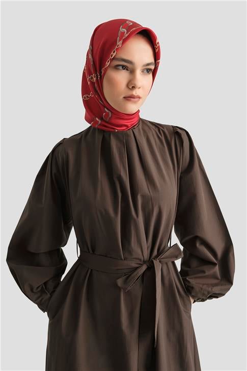 Armine Pile Detaylı Pamuk Elbise 25Y9024 Acı Kahve