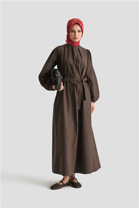 Armine Pile Detaylı Pamuk Elbise 25Y9024 Acı Kahve