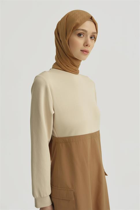 Armine Paraşüt Kumaş Mix Örme Elbise ORTD9437 Camel