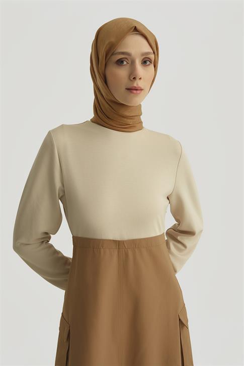 Armine Paraşüt Kumaş Mix Örme Elbise ORTD9437 Camel