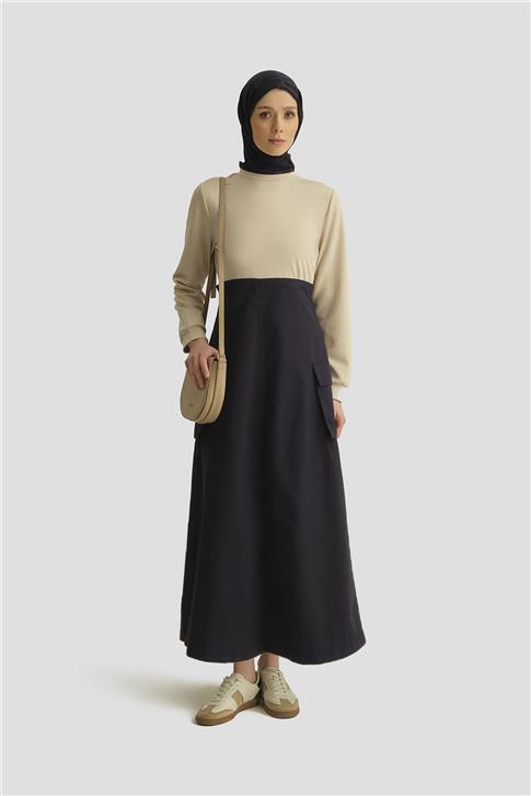 Armine Paraşüt Kumaş Mix Örme Elbise ORTD9437 Lacivert