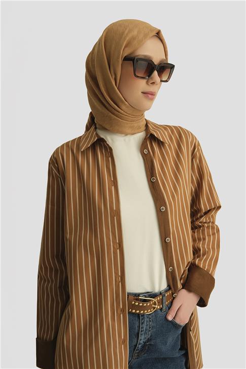 Armine Çizgili Tunik ORTD9438 Mocha