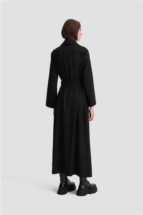 Armine Bel Bağlamalı Tencel Gömlek Elbise ORT9924 Siyah