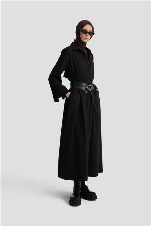 Armine Bel Bağlamalı Tencel Gömlek Elbise ORT9924 Siyah