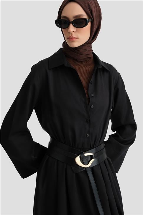 Armine Bel Bağlamalı Tencel Gömlek Elbise ORT9924 Siyah
