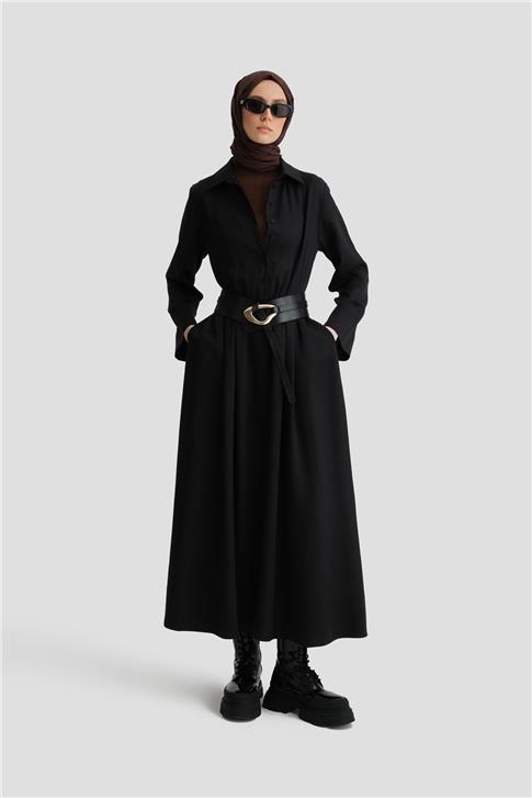 Armine Bel Bağlamalı Tencel Gömlek Elbise ORT9924 Siyah