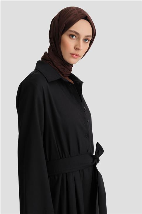 Armine Bel Bağlamalı Tencel Gömlek Elbise ORT9924 Siyah