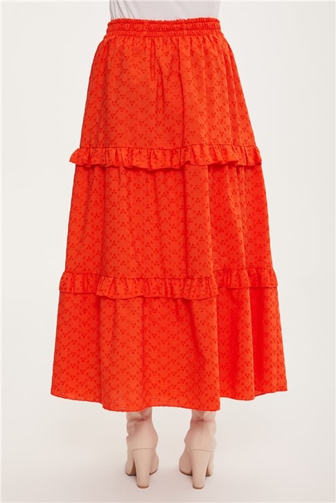 Armine Katlı Brode Etek 23Y1228 Parlak Kırmızı