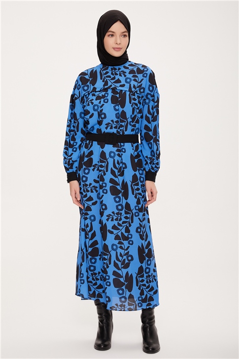 Armine Önü Robalı Çiçekli Elbise 22K9506 Kobalt