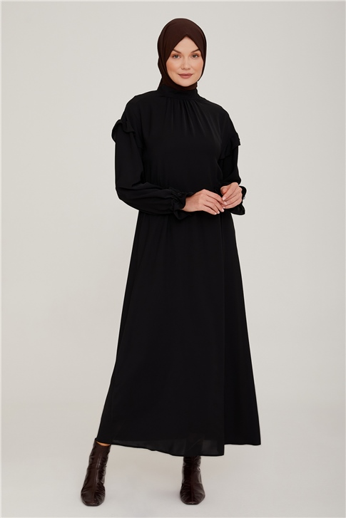 Armine Kolları ve Beli Tünel Detaylı Lastikli Elbise 22K9516 Siyah