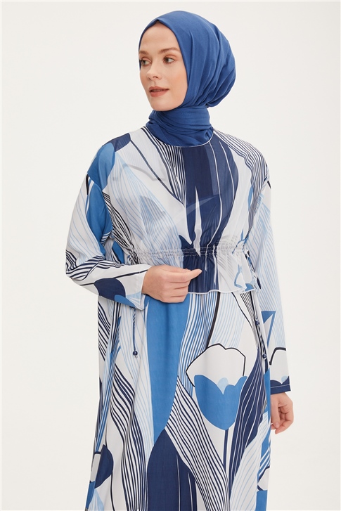 Armine Beli Ayarlanabilen Desenli Elbise 22K9519 Mavi