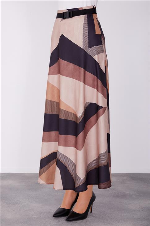 Armine Desenli Hafif Kloş Etek 23K1419 Bej