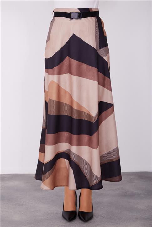 Armine Desenli Hafif Kloş Etek 23K1419 Bej