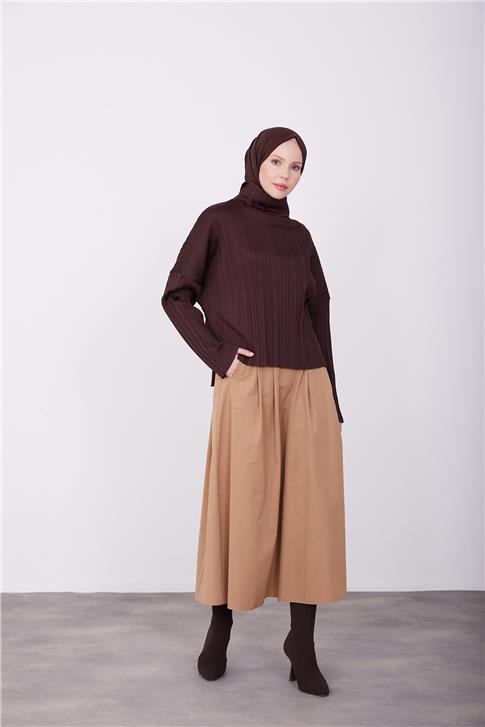 Armine Pliseli Örme Bluz 23K3216 Kahverengi