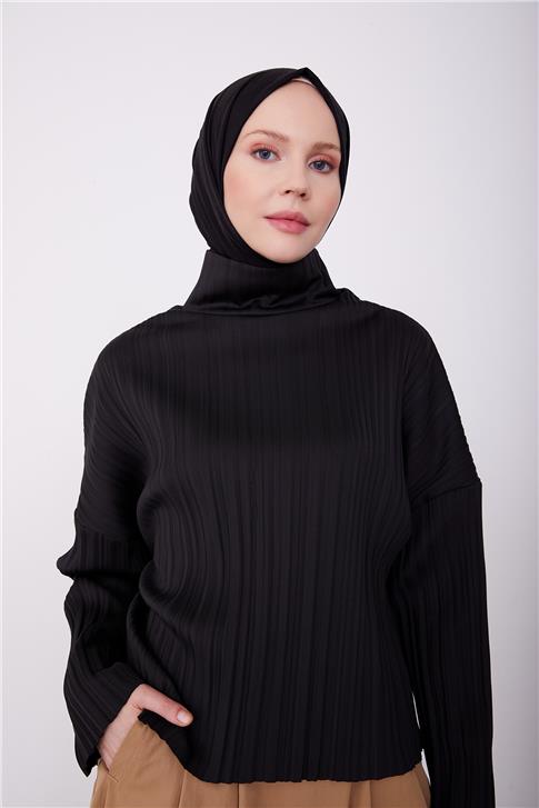 Armine Pliseli Örme Bluz 23K3216 Siyah
