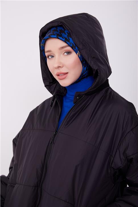 Armine Seyyar Kapüşonlu Oversize Kaban 23K7210 Siyah