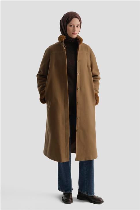 Armine Seyyar Kürklü Pens Detaylı Kaban 23K7213 Taba