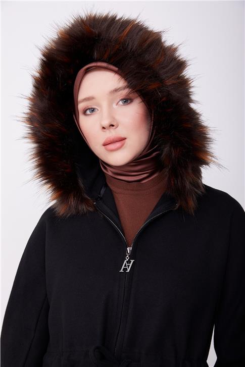 Armine Seyyar Kürklü Kaban 23K7226 Siyah