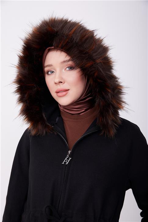 Armine Seyyar Kürklü Kaban 23K7226 Siyah