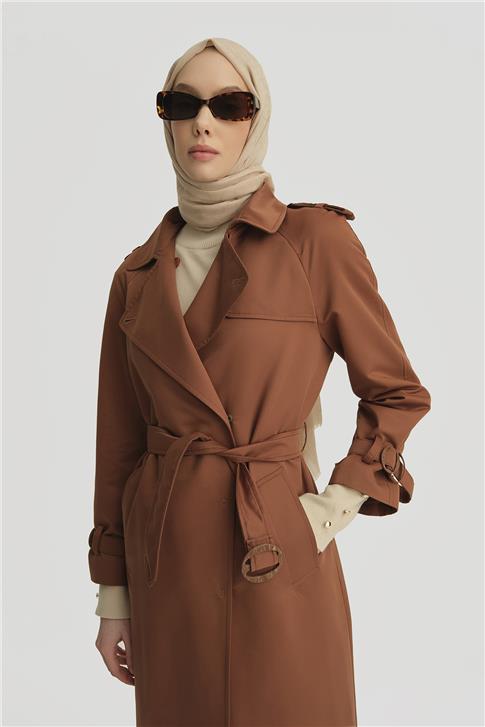 Açık Yakalı Klasik Trenchcoat 24K8518 Kahverengi