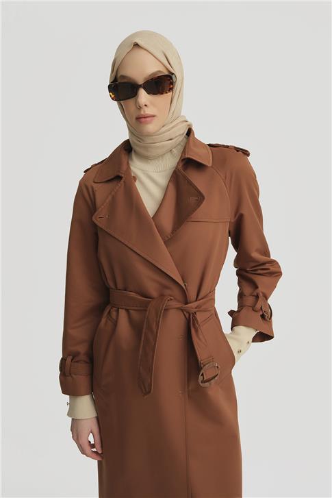 Açık Yakalı Klasik Trenchcoat 24K8518 Kahverengi