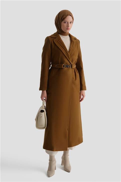 Armine Yakası Kabartmalı Tam Boy Manto 23K8612 Taba