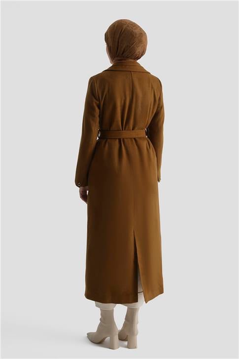 Armine Yakası Kabartmalı Tam Boy Manto 23K8612 Taba