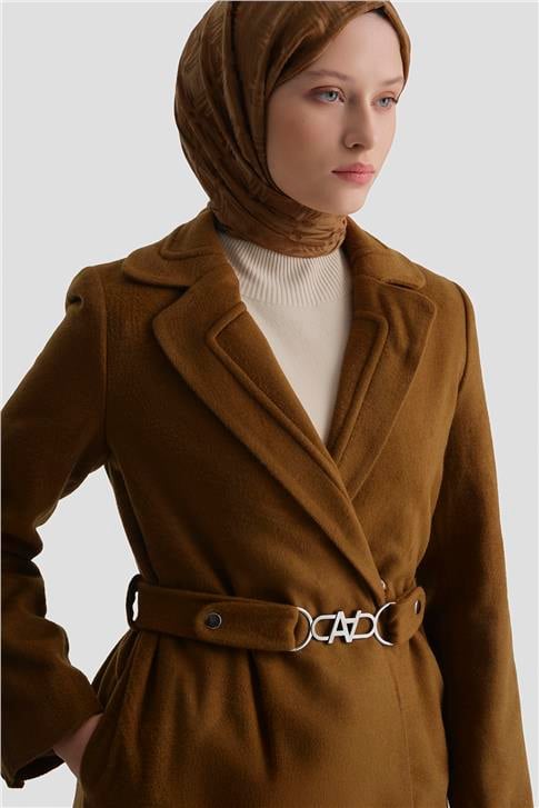 Armine Yakası Kabartmalı Tam Boy Manto 23K8612 Taba