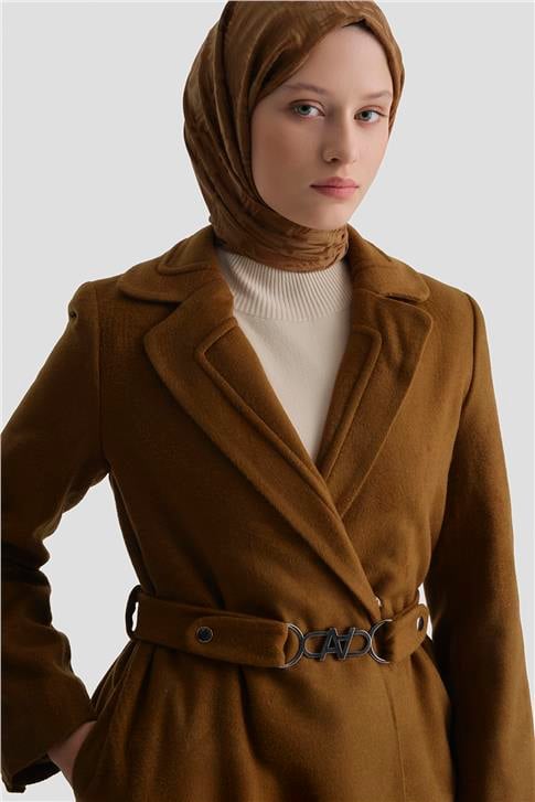 Armine Yakası Kabartmalı Tam Boy Manto 23K8612 Taba