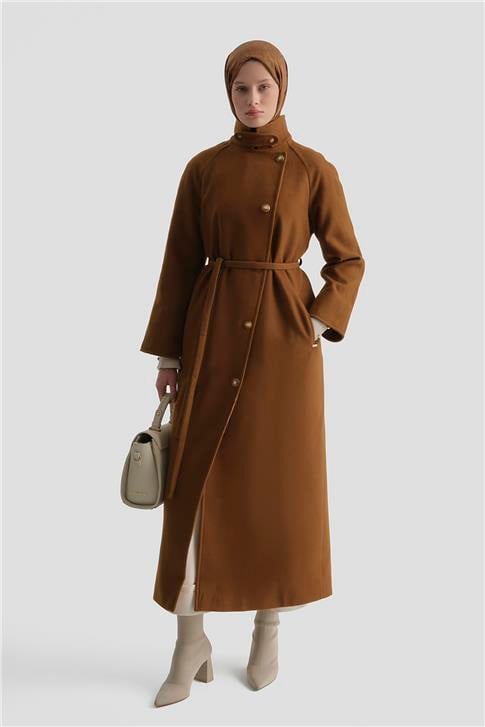 Armine Seyyar Yaka Apoletli Asimetrik Manto 23K8615 Taba