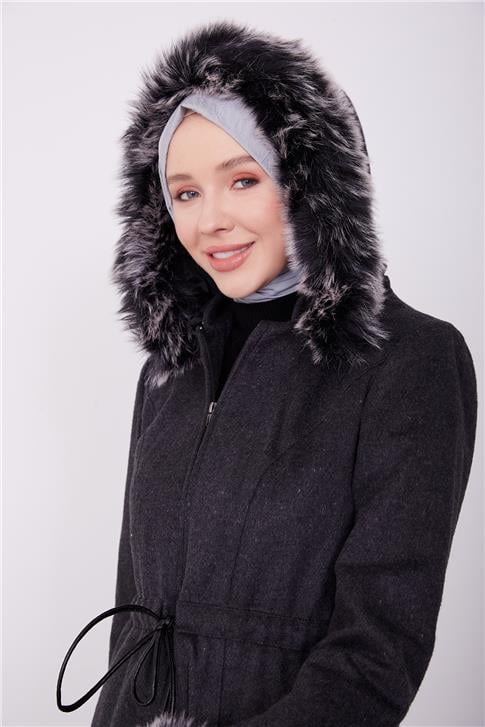 Armine Kolları ve Kapşonu Kürklü Manto 23K8617 Antrasit