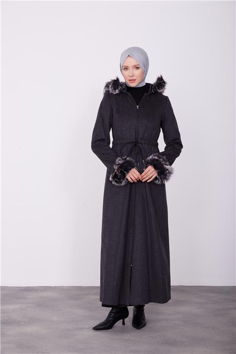 Armine Kolları ve Kapşonu Kürklü Manto 23K8617 Antrasit