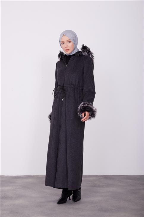 Armine Kolları ve Kapşonu Kürklü Manto 23K8617 Antrasit