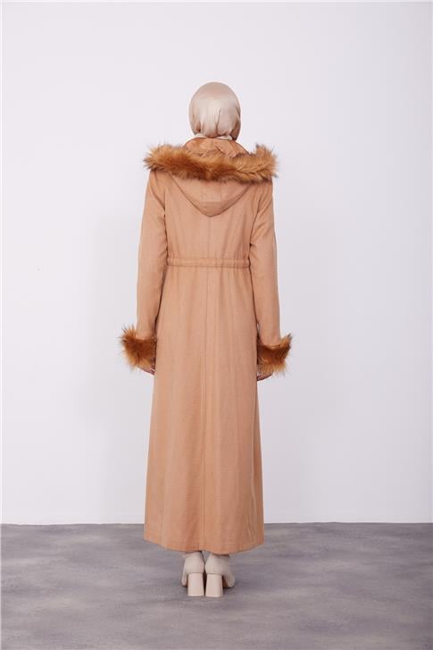 Armine Kolları ve Kapşonu Kürklü Manto 23K8617 Camel