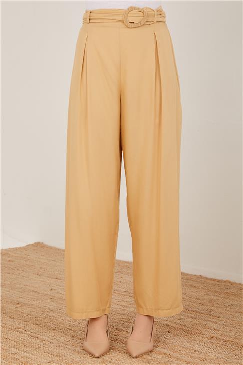 Armine Kemeri Piliseli Bol Viskon Pantolon 23Y2421 Bej