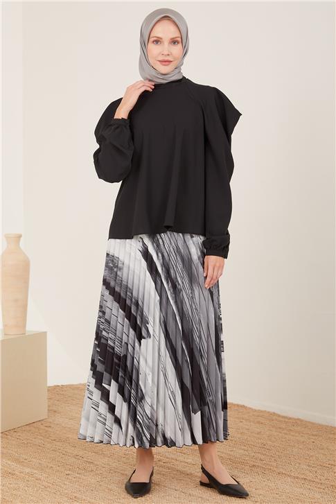 Armine Omuz Dropeli Saten Bluz 23Y3310 Siyah