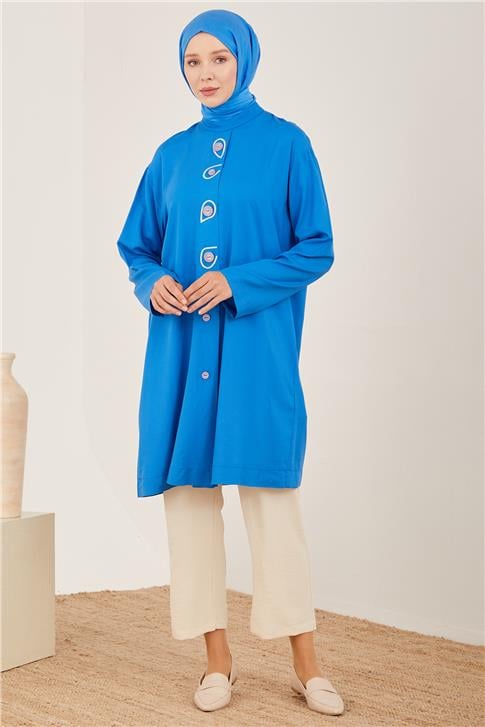 Armine Renkli Düğmeli Naturel Tunik 23Y4425 Kobalt