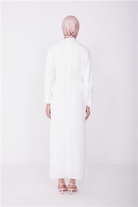 Armine 2 Kuşaklı Degaje Yaka Abiye Elbise 23Y9611 Ekru
