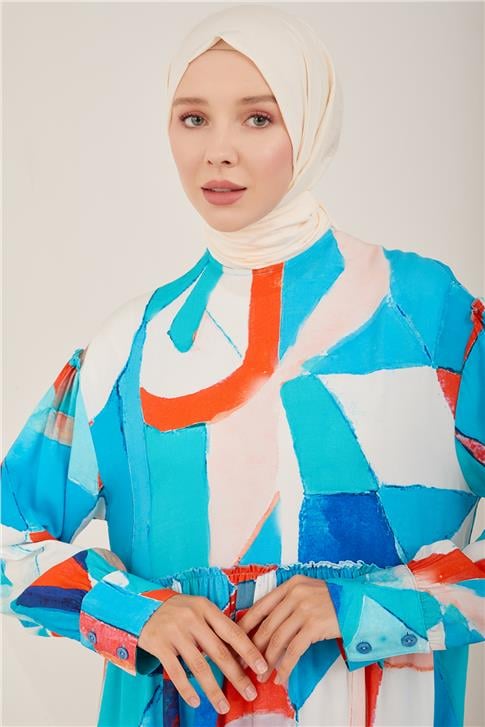 Armine Naturel Geometrik Desenli Elbise 23Y9648 Mavi