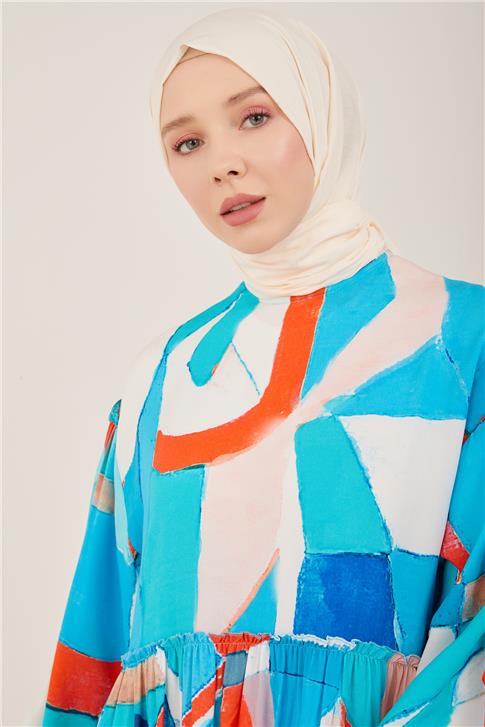 Armine Naturel Geometrik Desenli Elbise 23Y9648 Mavi