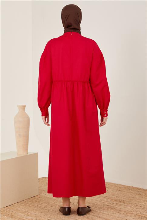 Armine Beli Ve Kolu Fırfırlı Pamuk Elbise 23Y9651 Kiraz