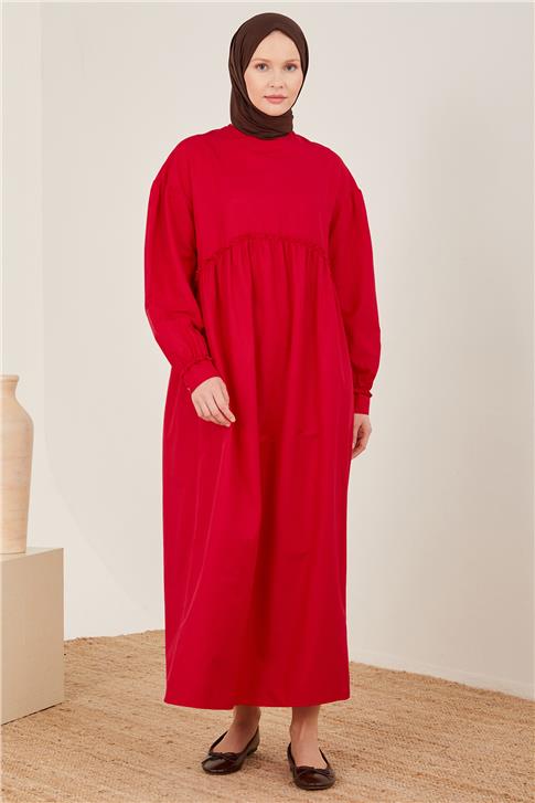 Armine Beli Ve Kolu Fırfırlı Pamuk Elbise 23Y9651 Kiraz