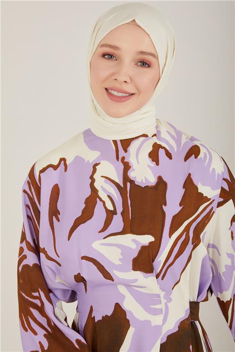 Armine Kemerli Desenli Viskon Elbise 23Y9654 Lavanta