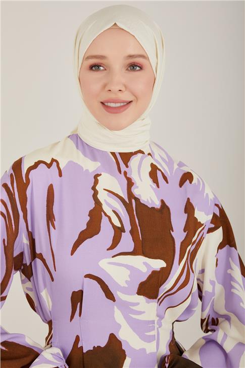 Armine Kemerli Desenli Viskon Elbise 23Y9654 Lavanta