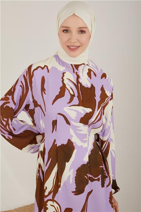 Armine Kemerli Desenli Viskon Elbise 23Y9654 Lavanta