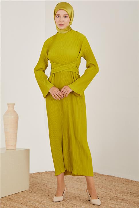 Armine Beli Çapraz Kemerli Piliseli Elbise 23Y9663 Fıstık